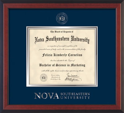 Image of Nova Southeastern University Diploma Frame - Cherry Reverse - w/Silver Embossed NSU Seal & Wordmark - Navy on Silver mat