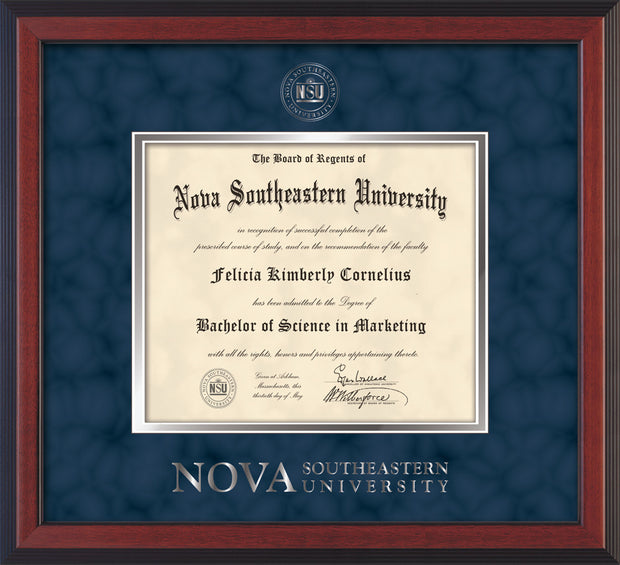 Image of Nova Southeastern University Diploma Frame - Cherry Reverse - w/Silver Embossed NSU Seal & Wordmark - Navy Suede on Silver mat