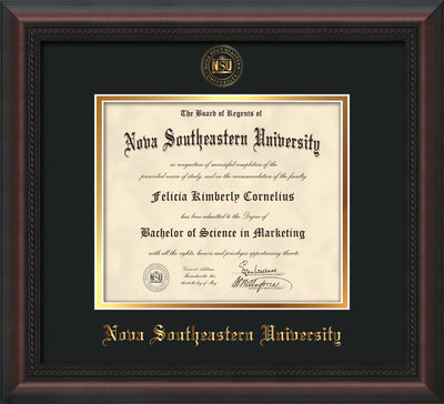 Image of Nova Southeastern University Diploma Frame - Mahogany Braid - w/Embossed NSU Seal & Name - Black on Gold mat