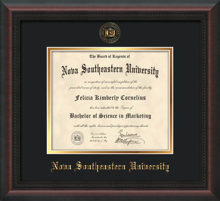 Image of Nova Southeastern University Diploma Frame - Mahogany Braid - w/Embossed NSU Seal & Name - Black on Gold mat