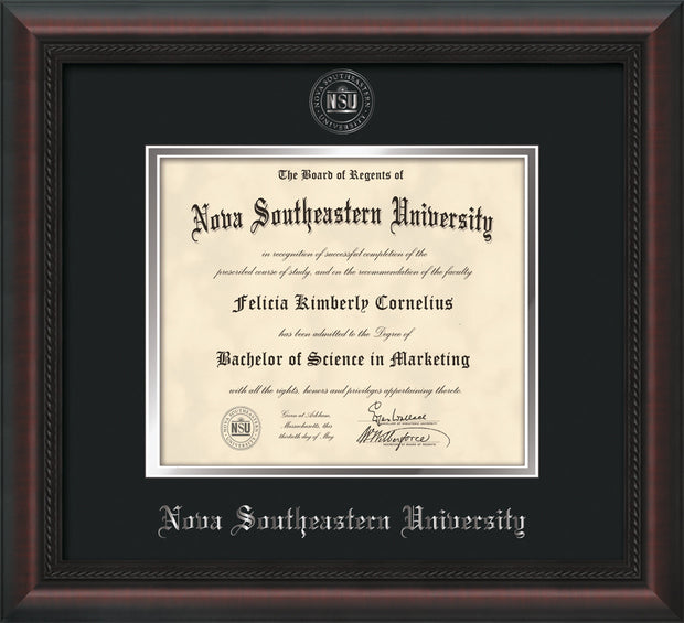 Image of Nova Southeastern University Diploma Frame - Mahogany Braid - w/Silver Embossed NSU Seal & Name - Black on Silver mat