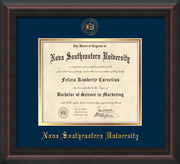 Image of Nova Southeastern University Diploma Frame - Mahogany Braid - w/Embossed NSU Seal & Name - Navy on Gold mat