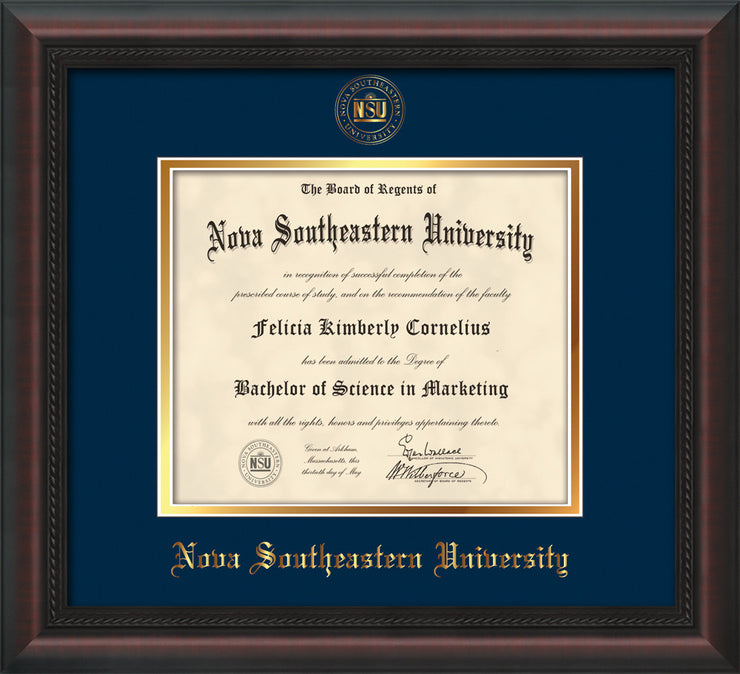 Image of Nova Southeastern University Diploma Frame - Mahogany Braid - w/Embossed NSU Seal & Name - Navy on Gold mat