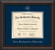 Image of Nova Southeastern University Diploma Frame - Mahogany Braid - w/Silver Embossed NSU Seal & Name - Navy on Silver mat
