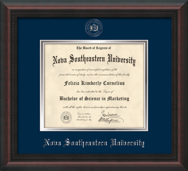 Image of Nova Southeastern University Diploma Frame - Mahogany Braid - w/Silver Embossed NSU Seal & Name - Navy on Silver mat