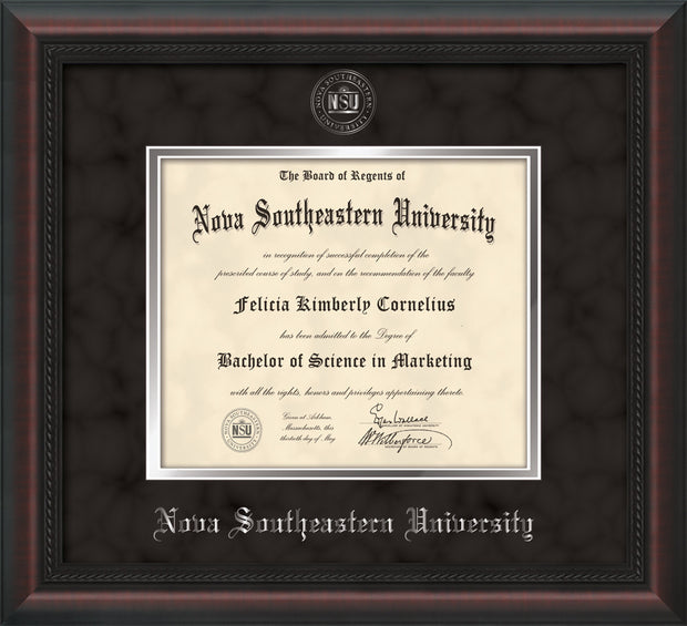 Image of Nova Southeastern University Diploma Frame - Mahogany Braid - w/Silver Embossed NSU Seal & Name - Black Suede on Silver mat