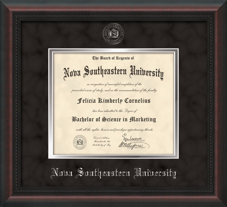 Image of Nova Southeastern University Diploma Frame - Mahogany Braid - w/Silver Embossed NSU Seal & Name - Black Suede on Silver mat