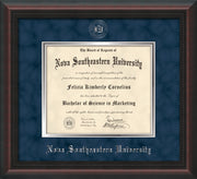 Image of Nova Southeastern University Diploma Frame - Mahogany Braid - w/Silver Embossed NSU Seal & Name - Navy Suede on Silver mat