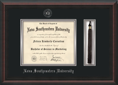 Image of Nova Southeastern University Diploma Frame - Mahogany Braid - w/Silver Embossed NSU Seal & Name - Tassel Holder - Black on Silver mat