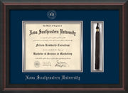 Image of Nova Southeastern University Diploma Frame - Mahogany Braid - w/Silver Embossed NSU Seal & Name - Tassel Holder - Navy on Silver mat