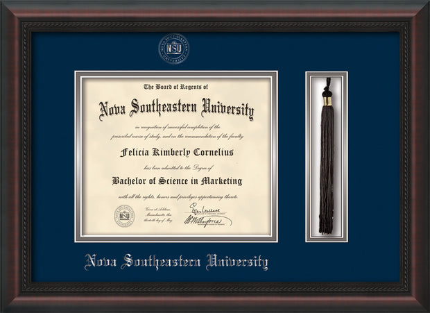 Image of Nova Southeastern University Diploma Frame - Mahogany Braid - w/Silver Embossed NSU Seal & Name - Tassel Holder - Navy on Silver mat