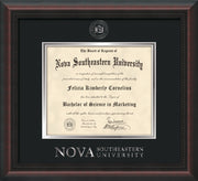 Image of Nova Southeastern University Diploma Frame - Mahogany Braid - w/Silver Embossed NSU Seal & Wordmark - Black on Silver mat