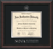 Image of Nova Southeastern University Diploma Frame - Mahogany Braid - w/Silver Embossed NSU Seal & Wordmark - Black on Silver mat
