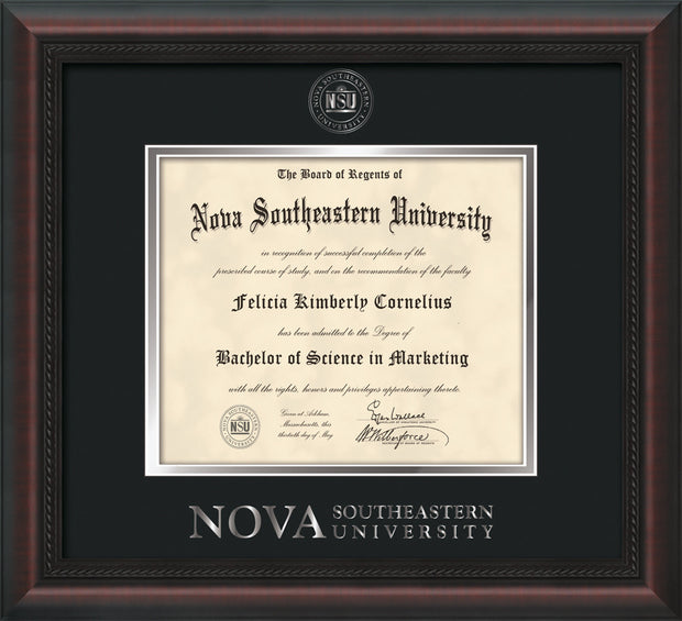 Image of Nova Southeastern University Diploma Frame - Mahogany Braid - w/Silver Embossed NSU Seal & Wordmark - Black on Silver mat