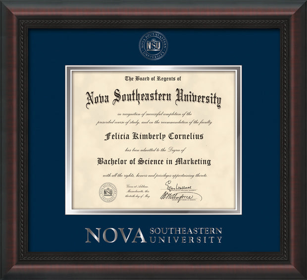 Image of Nova Southeastern University Diploma Frame - Mahogany Braid - w/Silver Embossed NSU Seal & Wordmark - Navy on Silver mat