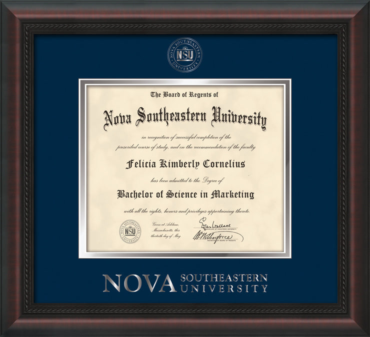 Image of Nova Southeastern University Diploma Frame - Mahogany Braid - w/Silver Embossed NSU Seal & Wordmark - Navy on Silver mat
