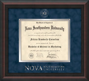 Image of Nova Southeastern University Diploma Frame - Mahogany Braid - w/Silver Embossed NSU Seal & Wordmark - Navy Suede on Silver mat