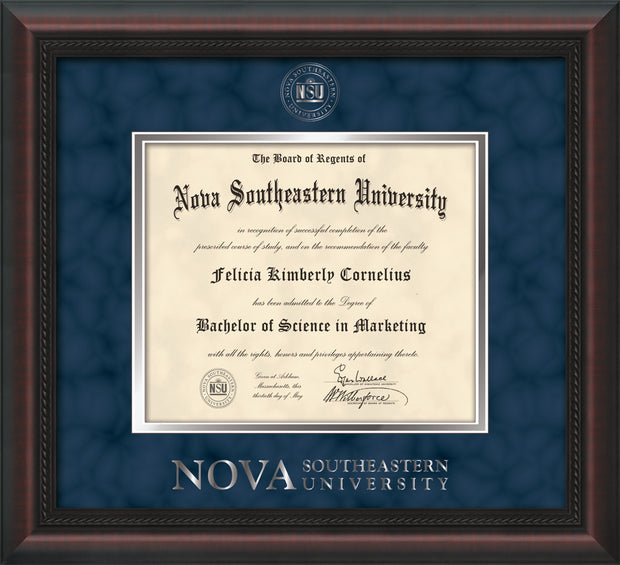 Image of Nova Southeastern University Diploma Frame - Mahogany Braid - w/Silver Embossed NSU Seal & Wordmark - Navy Suede on Silver mat