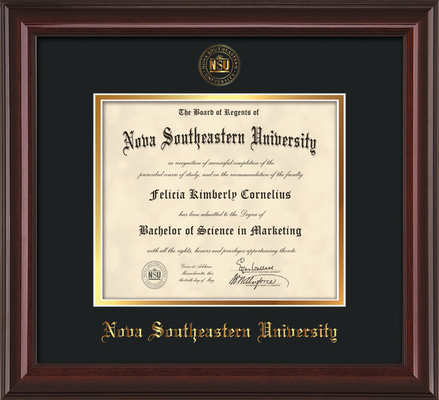 Image of Nova Southeastern University Diploma Frame - Mahogany Lacquer - w/Embossed NSU Seal & Name - Black on Gold mat