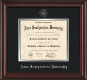 Image of Nova Southeastern University Diploma Frame - Mahogany Lacquer - w/Silver Embossed NSU Seal & Name - Black on Silver mat