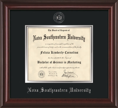 Image of Nova Southeastern University Diploma Frame - Mahogany Lacquer - w/Silver Embossed NSU Seal & Name - Black on Silver mat