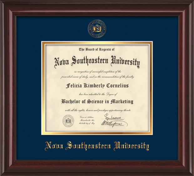 Image of Nova Southeastern University Diploma Frame - Mahogany Lacquer - w/Embossed NSU Seal & Name - Navy on Gold mat