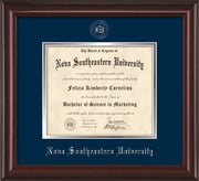 Image of Nova Southeastern University Diploma Frame - Mahogany Lacquer - w/Silver Embossed NSU Seal & Name - Navy on Silver mat