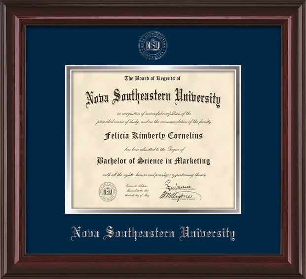 Image of Nova Southeastern University Diploma Frame - Mahogany Lacquer - w/Silver Embossed NSU Seal & Name - Navy on Silver mat