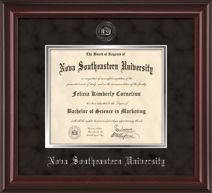 Image of Nova Southeastern University Diploma Frame - Mahogany Lacquer - w/Silver Embossed NSU Seal & Name - Black Suede on Silver mat