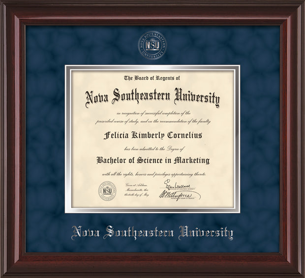 Image of Nova Southeastern University Diploma Frame - Mahogany Lacquer - w/Silver Embossed NSU Seal & Name - Navy Suede on Silver mat