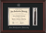 Image of Nova Southeastern University Diploma Frame - Mahogany Lacquer - w/Silver Embossed NSU Seal & Name - Tassel Holder - Black on Silver mat