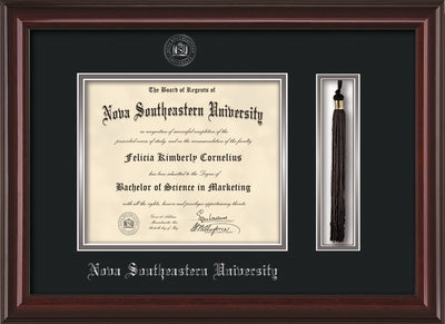 Image of Nova Southeastern University Diploma Frame - Mahogany Lacquer - w/Silver Embossed NSU Seal & Name - Tassel Holder - Black on Silver mat