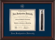 Image of Nova Southeastern University Diploma Frame - Mahogany Lacquer - w/Silver Embossed NSU Seal & Name - Tassel Holder - Navy on Silver mat