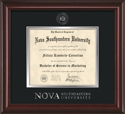 Image of Nova Southeastern University Diploma Frame - Mahogany Lacquer - w/Silver Embossed NSU Seal & Wordmark - Black on Silver mat