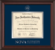 Image of Nova Southeastern University Diploma Frame - Mahogany Lacquer - w/Silver Embossed NSU Seal & Wordmark - Navy on Silver mat