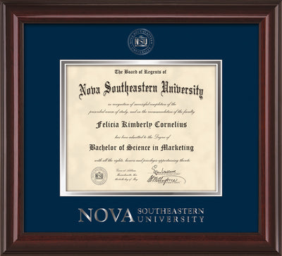 Image of Nova Southeastern University Diploma Frame - Mahogany Lacquer - w/Silver Embossed NSU Seal & Wordmark - Navy on Silver mat