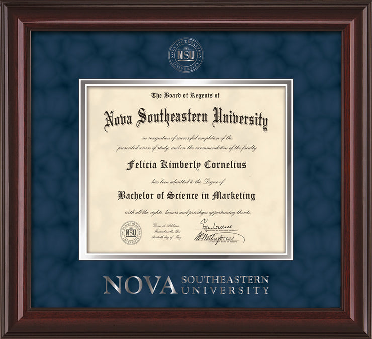 Image of Nova Southeastern University Diploma Frame - Mahogany Lacquer - w/Silver Embossed NSU Seal & Wordmark - Navy Suede on Silver mat