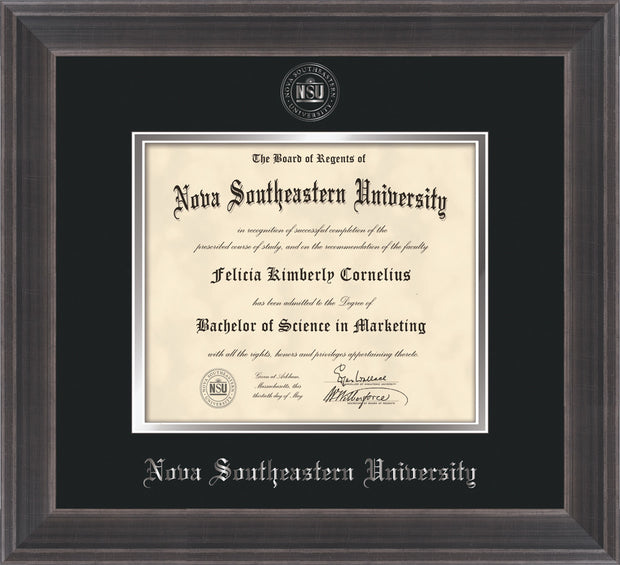 Image of Nova Southeastern University Diploma Frame - Metro Antique Pewter Double - w/Silver Embossed NSU Seal & Name - Black on Silver mat