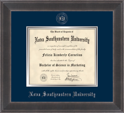 Image of Nova Southeastern University Diploma Frame - Metro Antique Pewter Double - w/Silver Embossed NSU Seal & Name - Navy on Silver mat