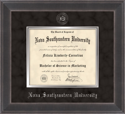 Image of Nova Southeastern University Diploma Frame - Metro Antique Pewter Double - w/Silver Embossed NSU Seal & Name - Black Suede on Silver mat