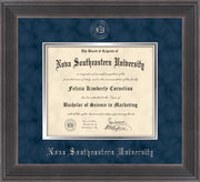 Image of Nova Southeastern University Diploma Frame - Metro Antique Pewter Double - w/Silver Embossed NSU Seal & Name - Navy Suede on Silver mat