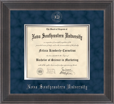 Image of Nova Southeastern University Diploma Frame - Metro Antique Pewter Double - w/Silver Embossed NSU Seal & Name - Navy Suede on Silver mat