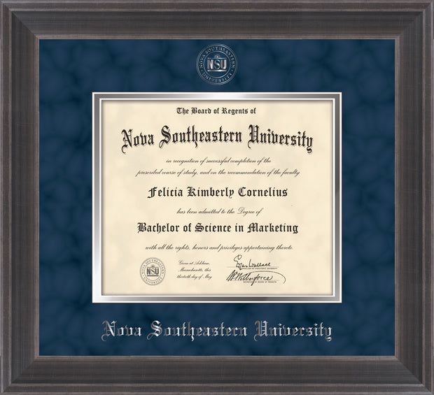 Image of Nova Southeastern University Diploma Frame - Metro Antique Pewter Double - w/Silver Embossed NSU Seal & Name - Navy Suede on Silver mat