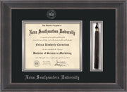 Image of Nova Southeastern University Diploma Frame - Metro Antique Pewter Double - w/Silver Embossed NSU Seal & Name - Tassel Holder - Black on Silver mat