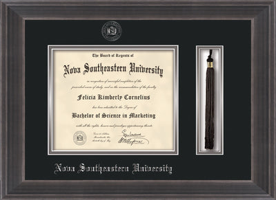 Image of Nova Southeastern University Diploma Frame - Metro Antique Pewter Double - w/Silver Embossed NSU Seal & Name - Tassel Holder - Black on Silver mat