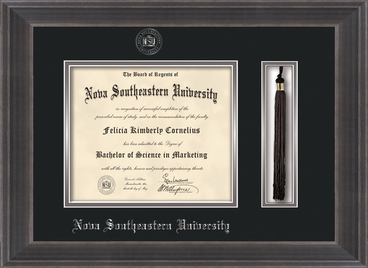Image of Nova Southeastern University Diploma Frame - Metro Antique Pewter Double - w/Silver Embossed NSU Seal & Name - Tassel Holder - Black on Silver mat