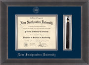 Image of Nova Southeastern University Diploma Frame - Metro Antique Pewter Double - w/Silver Embossed NSU Seal & Name - Tassel Holder - Navy on Silver mat