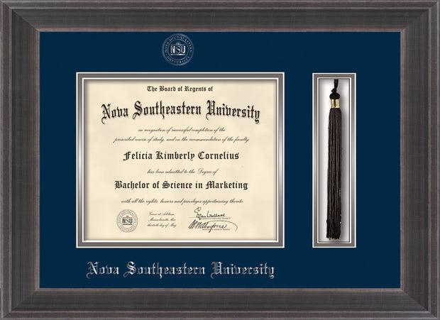 Image of Nova Southeastern University Diploma Frame - Metro Antique Pewter Double - w/Silver Embossed NSU Seal & Name - Tassel Holder - Navy on Silver mat