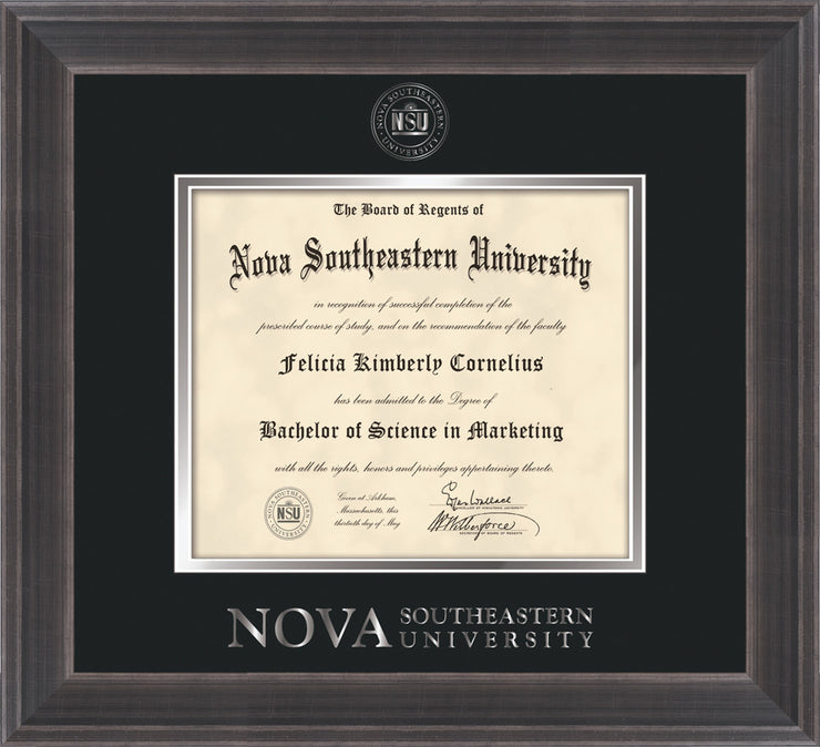 Image of Nova Southeastern University Diploma Frame - Metro Antique Pewter Double - w/Silver Embossed NSU Seal & Wordmark - Black on Silver mat