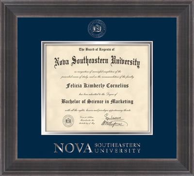 Image of Nova Southeastern University Diploma Frame - Metro Antique Pewter Double - w/Silver Embossed NSU Seal & Wordmark - Navy on Silver mat